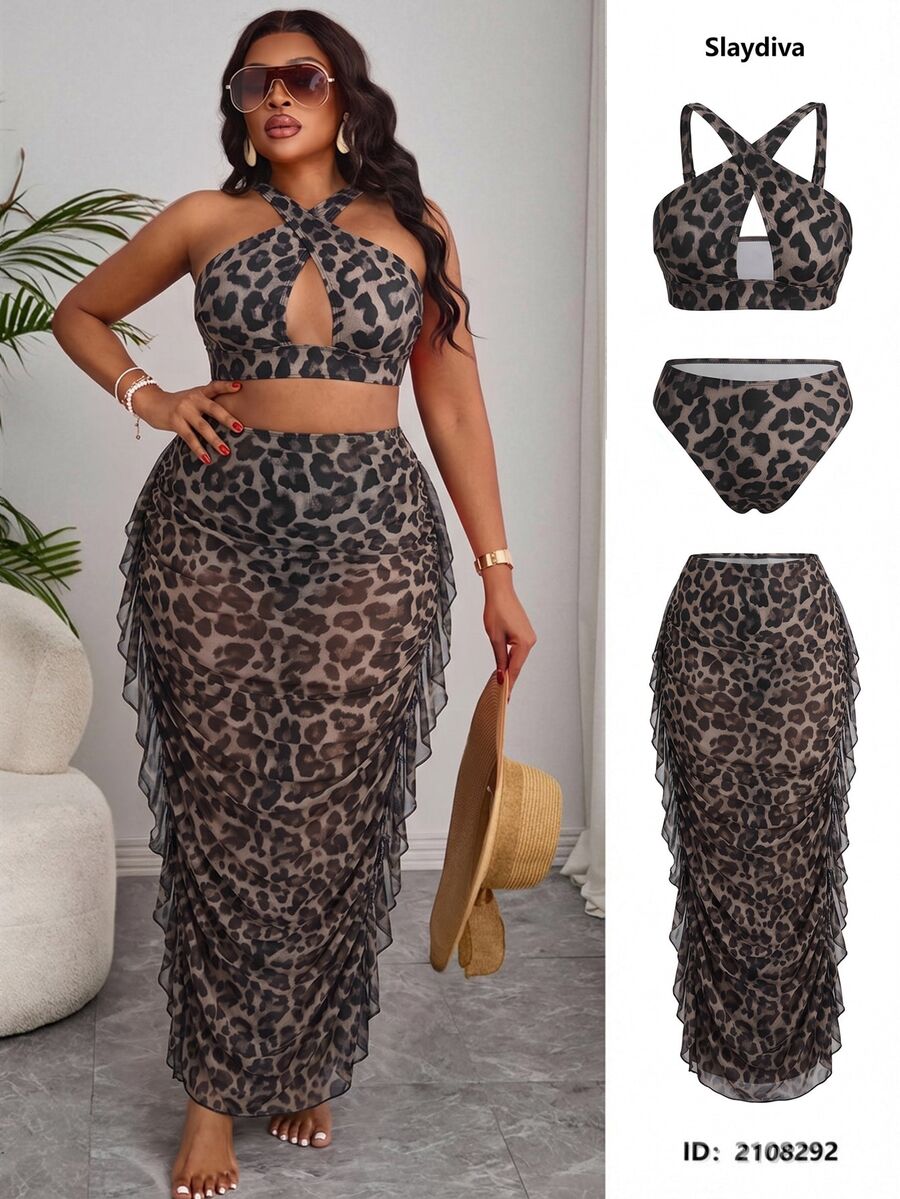 Slaydiva Plus Size Women's Summer Beach Leopard Print Halter Neck Tie Sexy Bikini And Triangle Bottom Two-Piece Swimsuit Set With Skirt - Multicolor - View 1
