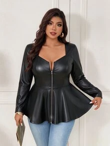 Femmeverse Women's Plus Size New Solid Color Square Neck Collarbone-Exposing A-Line Slimming Hip-Covering Zipper Front Elastic PU Long Sleeve Top - Black - View 8