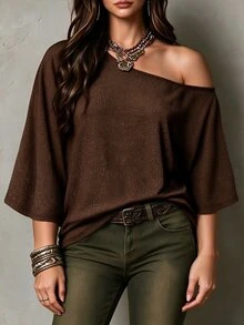 Linhara Plus Size Women's Shiny Glitter Top, Loose Batwing Mid-Sleeve, Asymmetrical Shoulder Sexy Slimming T-Shirt - Brown - View 5