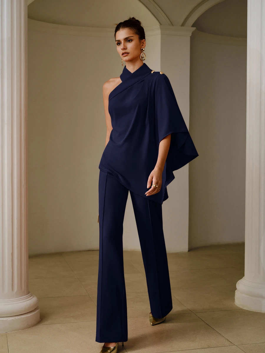 ZEYLAH Women's Solid Color One-Shoulder Fashion Versatile Top - Navy Blue - View 1