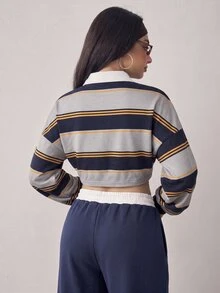 Slayform Women's Striped Drop Shoulder Long Sleeve Polo Collar Casual Sweatshirt - Multicolor - View 2
