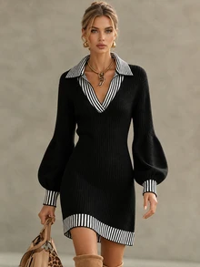 SHEIN Women Mock Two-Piece Knit Mini Dress, Striped Collar & Hem Lantern Long Sleeve Bodycon Dress - Black and White - View 6