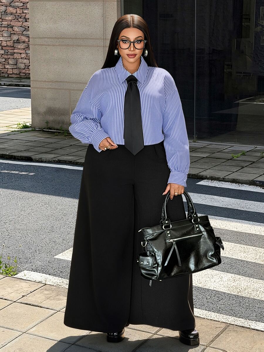 Maweii Plus Size Women's Solid Color Camisole Wide Leg Jumpsuit And Tie Shirt Casual 2 Pieces Set - Black - View 1