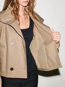 MOTF PREMIUM URBAN CHIC, 100% COTTON MILITARY STYLE STAND COLLAR SHORT TRENCH COAT, FALL WINTER - Khaki - View 10