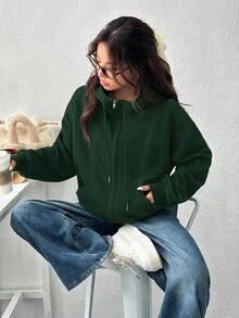 SHEIN EZwear 女款前拉鍊長袖口袋連帽衫，極簡休閒畢業季開學穿搭，適合女性教師，秋冬回校穿著 - 墨綠色 - 查看 6