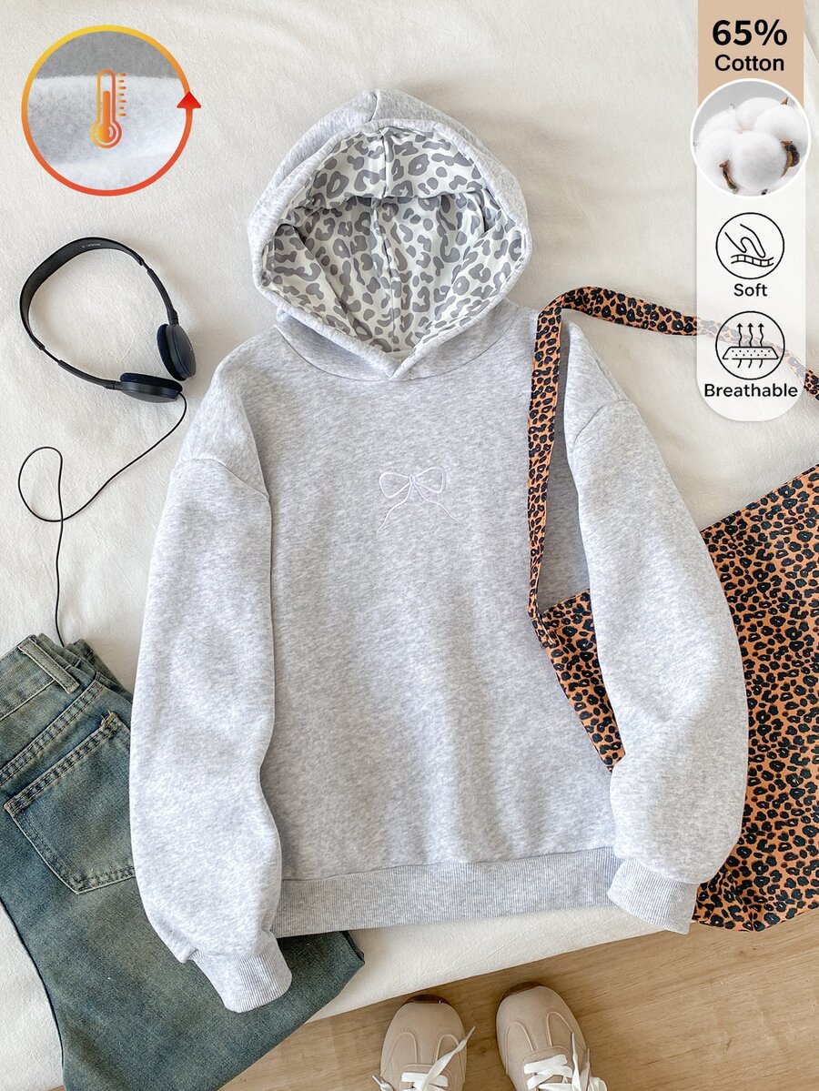 SHEIN 青少年女孩休閒灰色連帽棉絨抓絨衛衣,寬鬆版型豹紋印花套頭上衣,百搭日常秋冬新款 - 灰色 - 查看 1