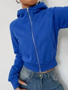 SHEIN EZwear 女款純色極簡運動休閒寬鬆連帽衛衣，適合畢業季、機場、開學穿搭，教師秋季灰色款 - 寶藍色 - 查看 3