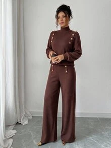 Elenzga Maillard High Neck Ribbed Knit 2 Pieces Set Women Autumn/Winter Metal Button Short Petal Sleeve Top High Waist Wide Leg Pants - Coffee Brown - View 6