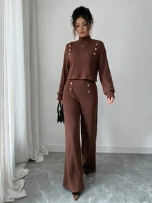 Elenzga Maillard High Neck Ribbed Knit 2 Pieces Set Women Autumn/Winter Metal Button Short Petal Sleeve Top High Waist Wide Leg Pants - Coffee Brown - View 5