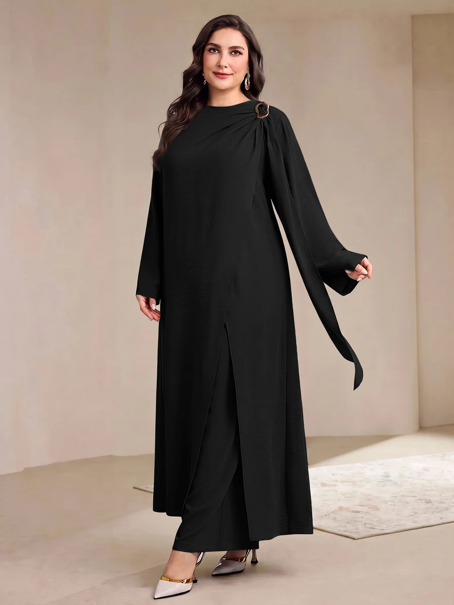 Veilorie Plus Size Women Solid Color Metal Shoulder Design Long Sleeve Robe And Wide Leg Pants Casual 2 Pieces Set - Black - View 1