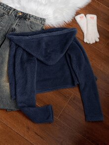 SHEIN EZwear 女款秋冬新款純色長袖短版休閒簡約連帽毛絨外套，居家日常穿著，白色，適合夜晚與假期 - 藏蓝色 - 查看 2