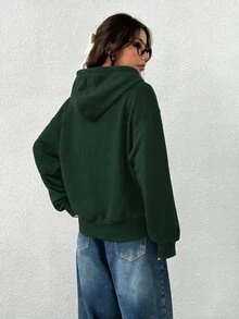 SHEIN EZwear 女款前拉鍊長袖口袋連帽衫，極簡休閒畢業季開學穿搭，適合女性教師，秋冬回校穿著 - 墨綠色 - 查看 2
