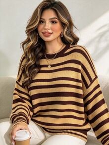 Elenzga Plus Size Women's Striped Crew Neck Drop Shoulder Long Sleeve Casual Pullover Sweater - Yellow - View 5