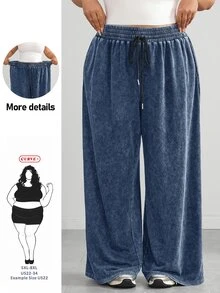 SHEIN CURVE+ 大尺碼黑色直筒寬鬆休閒長褲，紋理羊毛，2026秋冬 22W - 霧霾藍 - 查看 1