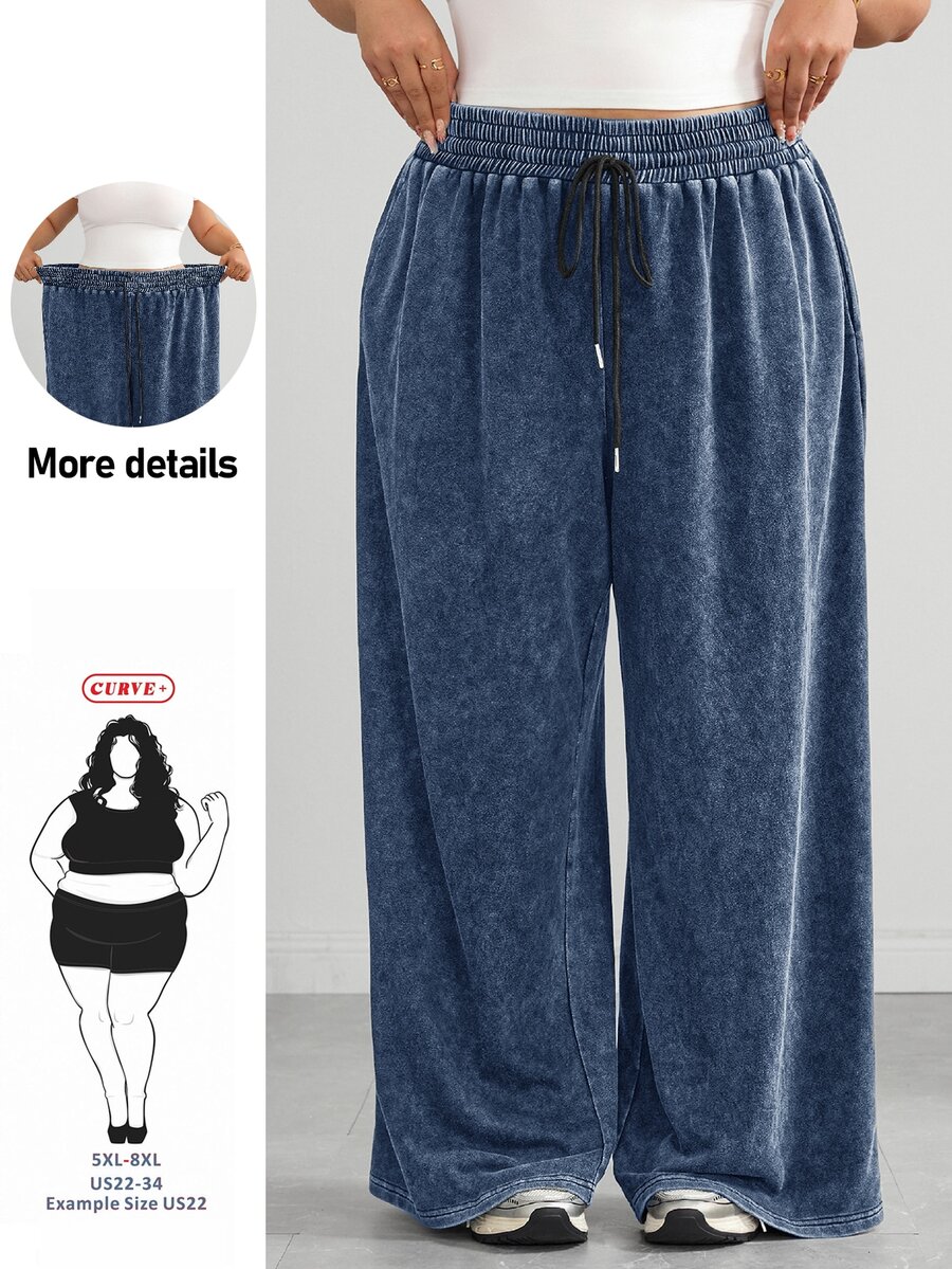SHEIN CURVE+ 大尺碼黑色直筒寬鬆休閒長褲,紋理羊毛,2026秋冬 22W - 霧霾藍 - 查看 1