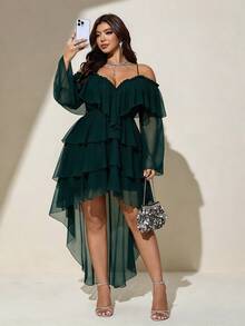 Viva Relle Plus Size Sexy Cold Shoulder Spaghetti Strap Front Short Back Long Burgundy Dress Fall - Dark Green - View 2