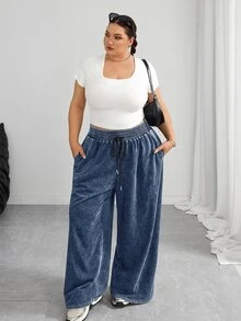 SHEIN CURVE+ 大尺碼黑色直筒寬鬆休閒長褲，紋理羊毛，2026秋冬 22W - 霧霾藍 - 查看 6
