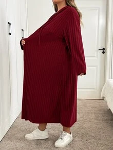 SHEIN CURVE+ 女款大尺碼 22W 連帽長洋裝，秋冬季 - 酒紅色 - 查看 4