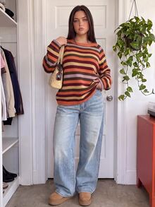Comfortcana Plus Size Burnt Orange Striped Pattern Raglan Sleeve Sweater Halloween Thanksgiving Formal Graduation Vacation Autumn Retro Casual 80s - Multicolor - View 7