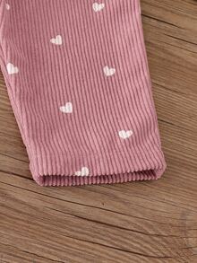 SHEIN 女嬰可愛兔子刺繡燈芯絨連身褲，滿版愛心印花，秋冬長褲，甜美公主風休閒套裝，適合節慶、派對、聚會與拍照 - 粉色 - 查看 4