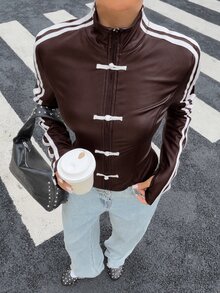 Muchica Women's New Autumn Black Elastic PU Leather Woven Tape Patchwork Frog Button Jacket For Going Out, Streetwear, Y2K - Brown - View 6