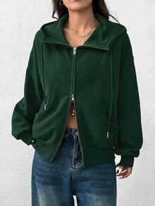 SHEIN EZwear 女款前拉鍊長袖口袋連帽衫，極簡休閒畢業季開學穿搭，適合女性教師，秋冬回校穿著 - 墨綠色 - 查看 3