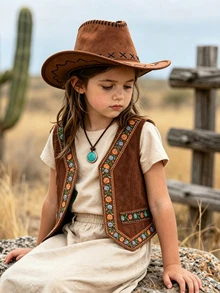 SHEIN Elladie kids 少女復古夾克 Y2K 新款秋季款 校園風 夏日度假 西部牛仔對比裝飾 冬季棕色外套 - 棕色 - 查看 3