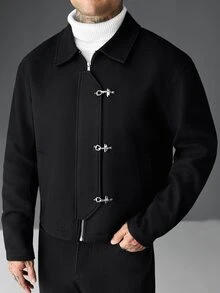Manfinity Roughcore Men's Long Sleeve Casual Overcoat With Airplane Buckle Placket - Black - View 1