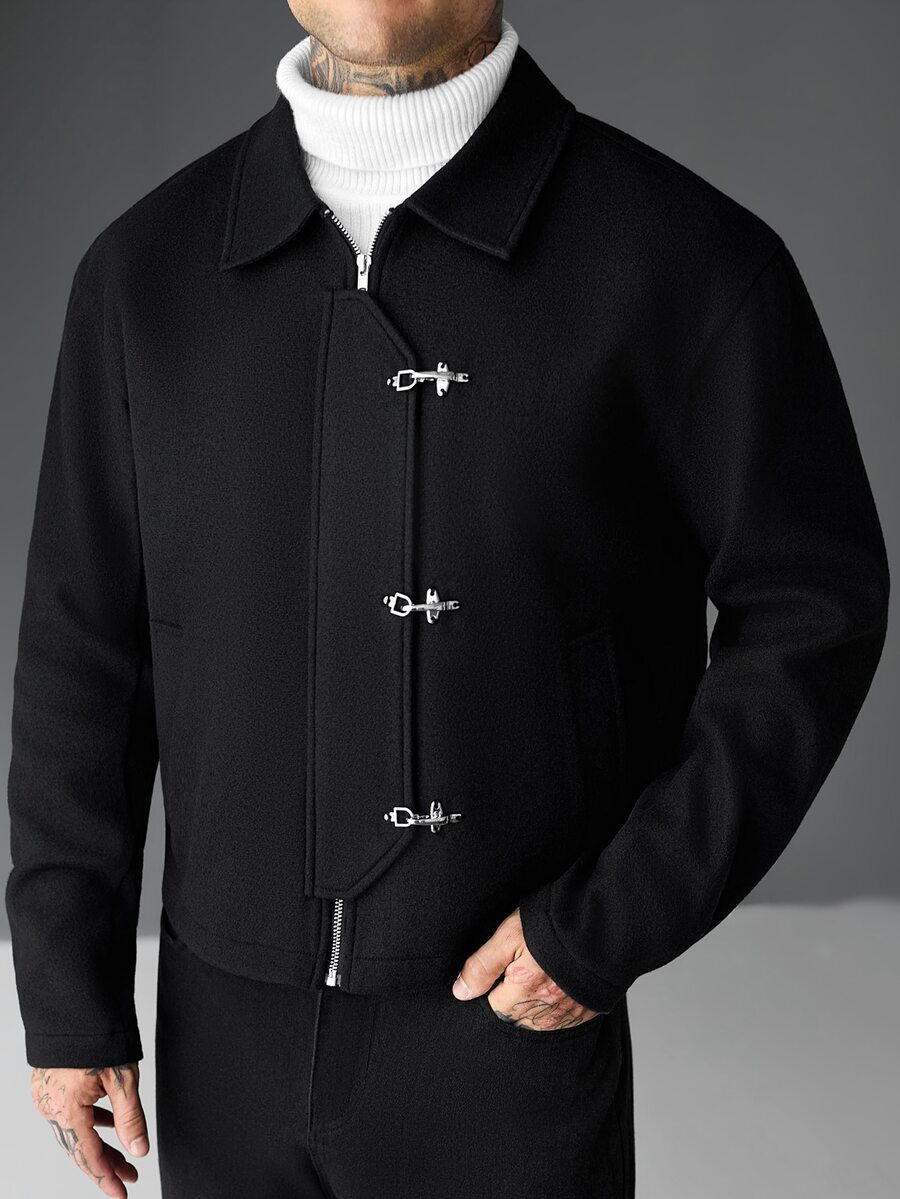 Manfinity Roughcore Men's Long Sleeve Casual Overcoat With Airplane Buckle Placket - Black - View 1