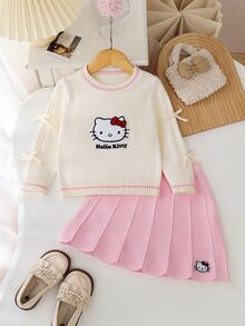 HELLO KITTY AND FRIENDS | SHEIN GraphicGems 女童 2 件套針織套裝，圓領毛衣與裙子，毛巾刺繡套頭針織上衣搭配紅色裙子，柔軟舒適，簡約可愛優雅風，長袖，適合旅行與外出，秋冬穿著 - 粉色 - 查看 3