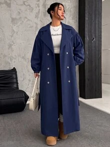 SHEIN EZwear Plus Size Army Green Long Trench Coat, Autumn/Winter Fall - Navy Blue - View 4