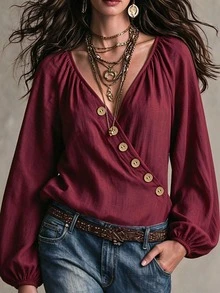 EMERY ROSE Women's Plus Size Holiday New Cross V-Neck Button Casual Top, Spring Summer Autumn Winter Outwear Workwear Teacher Uniform Street Style Burgundy Solid Color Blouse - Burgundy - View 1