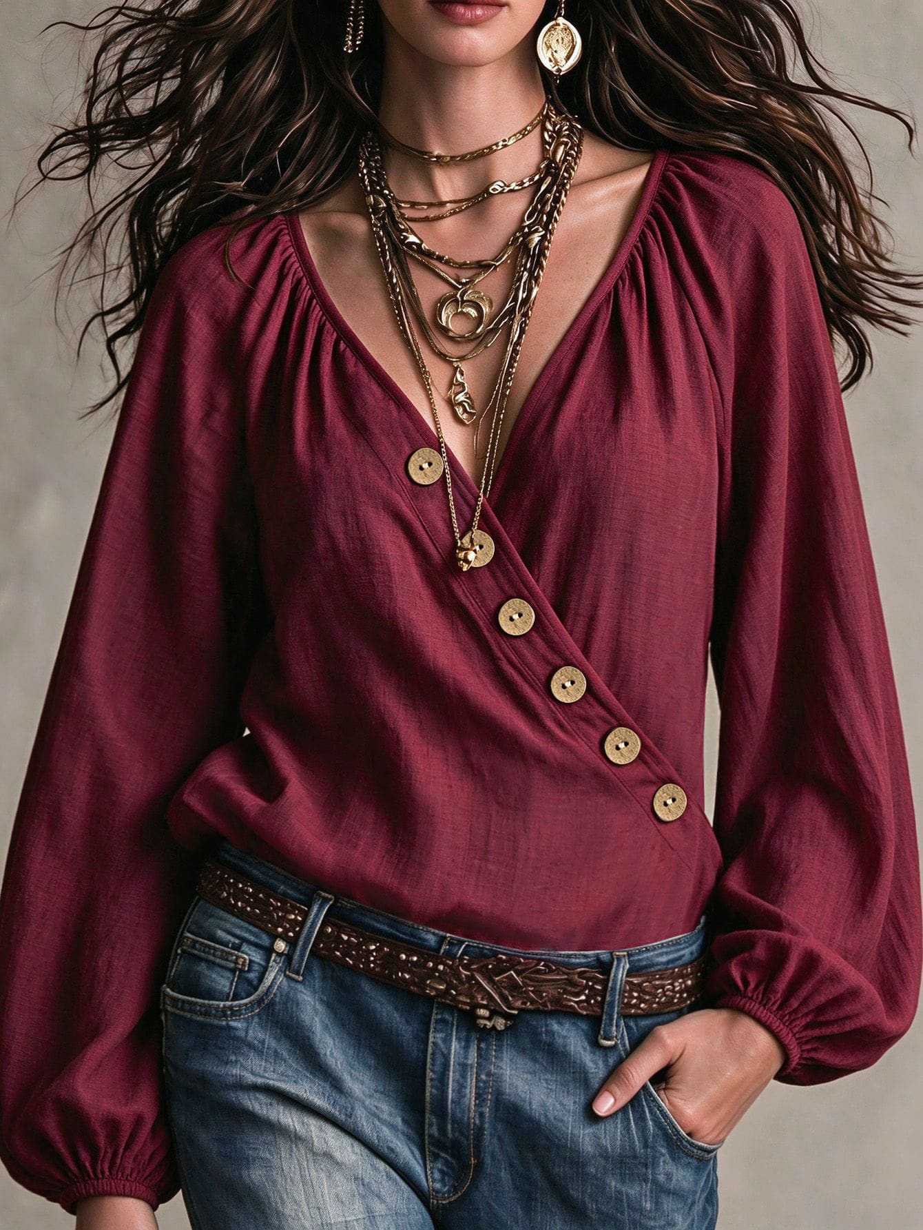 EMERY ROSE Women's Plus Size Holiday New Cross V-Neck Button Casual Top, Spring Summer Autumn Winter Outwear Workwear Teacher Uniform Street Style Burgundy Solid Color Blouse - Burgundy - View 1