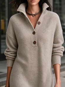 Wandoria Women's Solid Color Drop Shoulder Long Sleeve Button Half-Placket Casual Knit Dress - Khaki - View 3