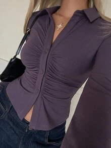 SHEIN EZwear 1件女款白色針織修身長袖T恤，適合約會與日常穿著，秋季休閒優雅風 - 紫色 - 查看 3