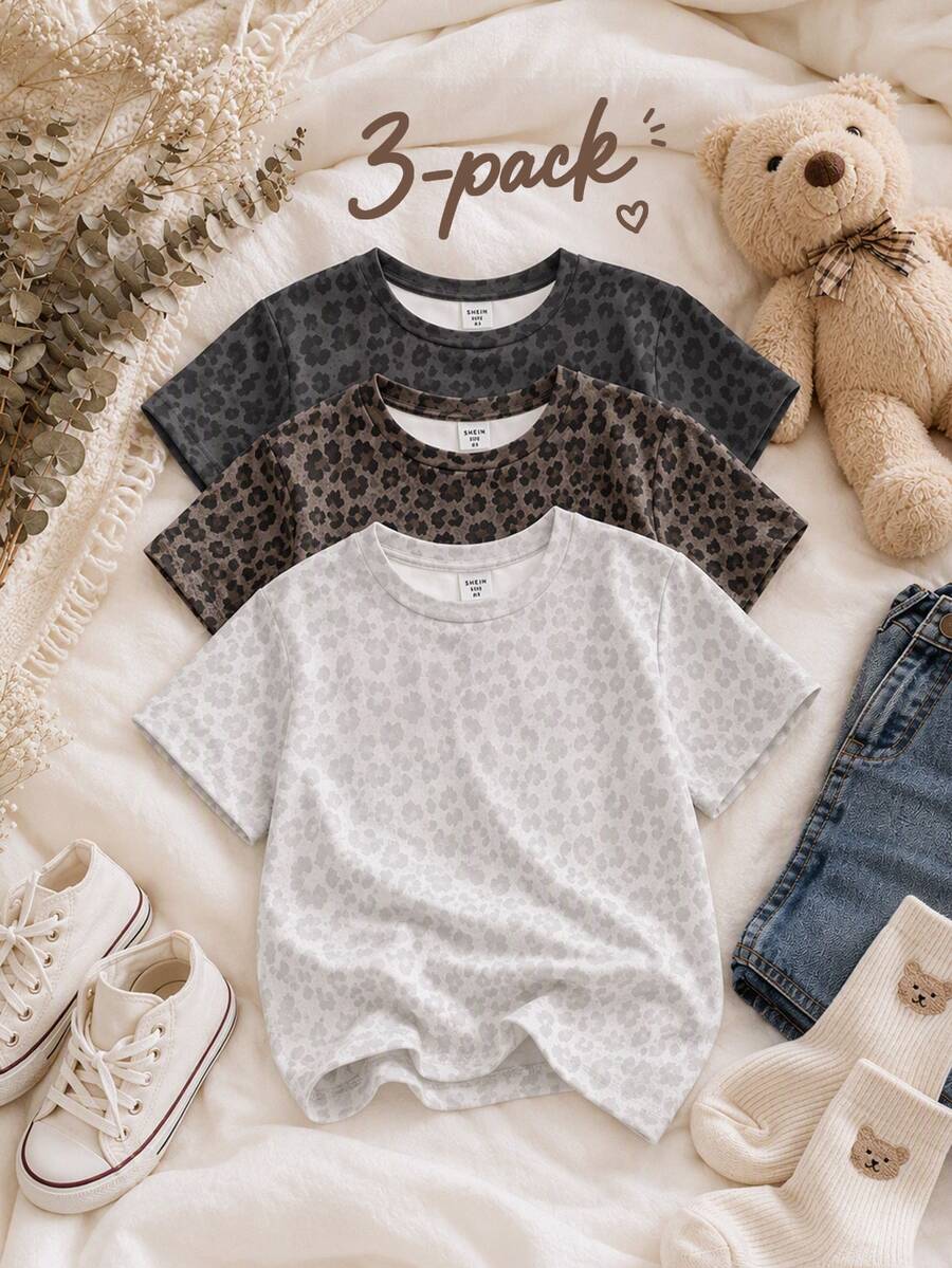 3pcs -Pack Baby Girls' Leopard Print Crew Neck Short-Sleeve Casual Tops - Multicolor - View 1