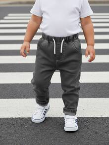 嬰兒/幼兒男童休閒基本款牛仔褲，白色水藍色丹寧，抽繩鬆緊腰頭，修身版型，柔軟棉彈力丹寧布料，夏季 - 灰色 - 查看 1