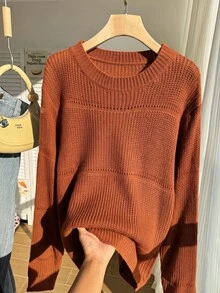 Comfortcana 大尺碼純色春季羅紋針織毛衣，冬季、秋季女裝 - 橘色 - 查看 5