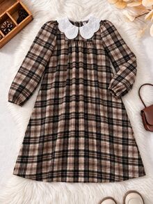 SHEIN Tween Girls' Brown Gentle Style Minimalist Floral Print Long Sleeve Pullover Dress, Loose Fit, Elega - Brown - View 3