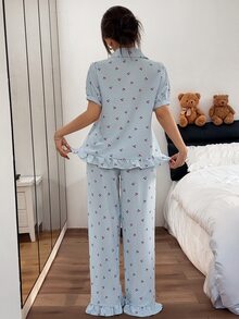 Napfluff Women's Short Sleeve Collared Cherry Plaid Ruffle Hem Long Pants Pajama Set - Blue - View 2
