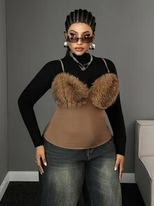 Maweii Plus Size Sleeveless Fur Trim Sexy Camisole Tank Top - Brown - View 5