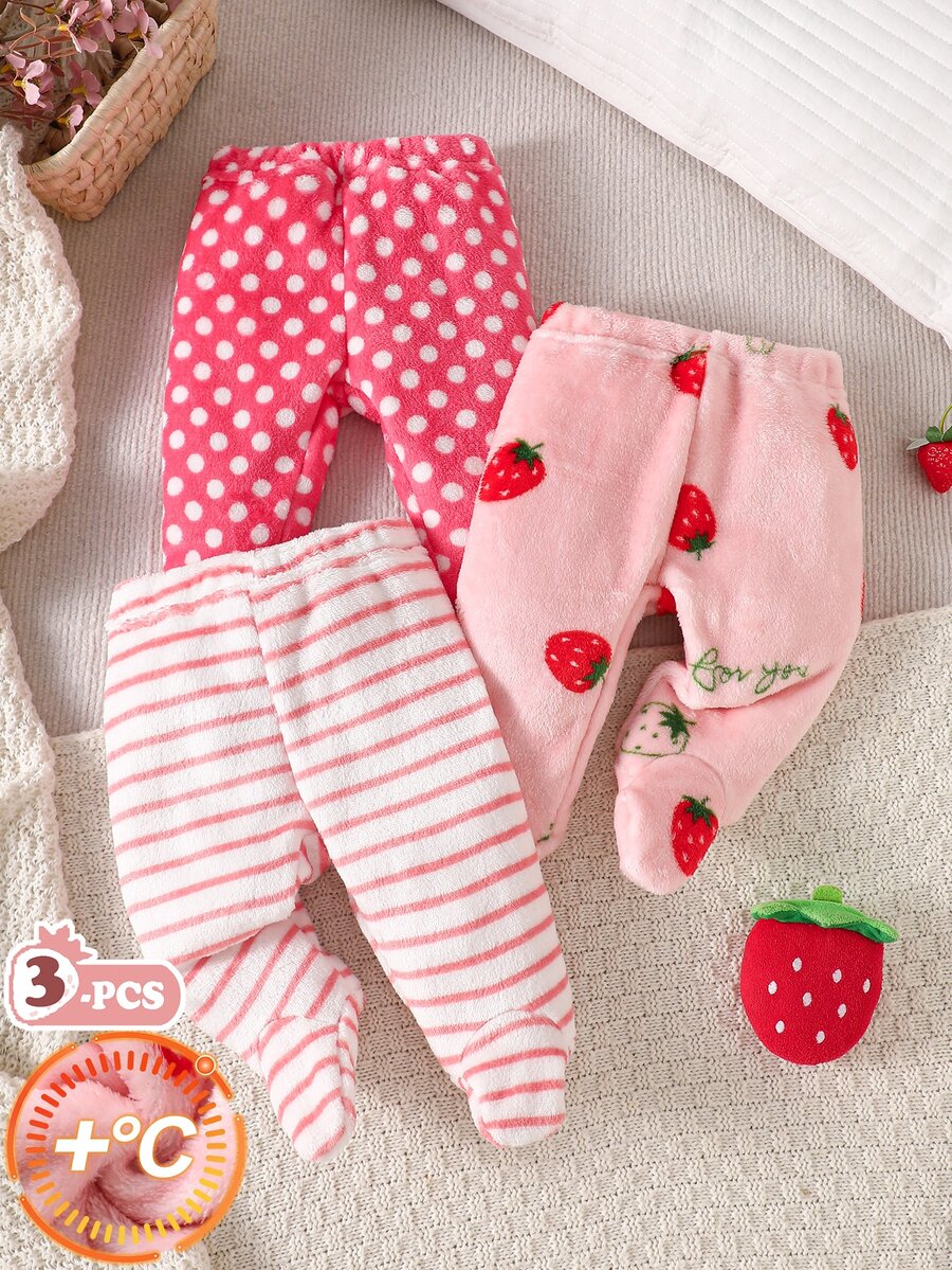 SHEIN 3件組幼兒女嬰連腳緊身褲 可愛甜美 粉色珊瑚色 波點草莓條紋 生日冬季節日公主風 絨毛抓絨 - 粉色 - 查看 1