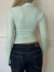 SHEIN EZwear 1件女款白色針織修身長袖T恤，適合約會與日常穿著，秋季休閒優雅風 - 薄荷綠 - 查看 2