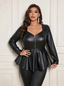 Femmeverse Women's Plus Size New Solid Color Square Neck Collarbone-Exposing A-Line Slimming Hip-Covering Zipper Front Elastic PU Long Sleeve Top - Black - View 4