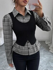 Elenzga 女款棕色格紋拼接羅紋布料翻領收腰設計 2 合 1 優雅教師穿搭，適用日、Cyber Monday、萬聖節、單身派對、平安夜、聖誕節、感恩節，秋季襯衫上衣服飾，新款必備時尚單品，小眾設計，百搭風格 - 黑色 - 查看 5