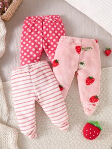 SHEIN 3件組幼兒女嬰連腳緊身褲 可愛甜美 粉色珊瑚色 波點草莓條紋 生日冬季節日公主風 絨毛抓絨 - 粉色 - 查看 2