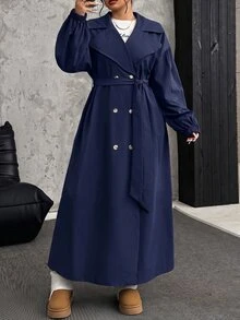 SHEIN EZwear Plus Size Army Green Long Trench Coat, Autumn/Winter Fall - Navy Blue - View 6