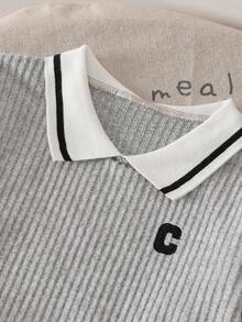 Young Boys 2pcs Ribbed Knit Outfit, Contrast Striped Collar Long Sleeve Top & Elastic Pants, Letter - Green - View 7