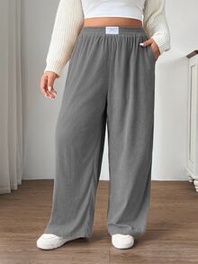 SHEIN EZwear 大尺碼女款燈芯絨高腰寬鬆寬腿褲，附口袋拼接設計，適合校園、休閒街頭穿搭，秋季正式款黑色寬褲 - 淺灰色 - 查看 3