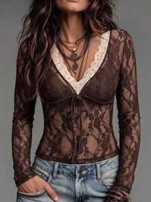 Omancia Women's Colorblock V-Neck Long Sleeve Front Tie Lace Fitted Top - Brown - View 4